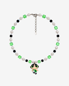 Necklace with green and black Swarovski crystals, white crystal pearls and a green-eyed girl charm wearing a green dress.