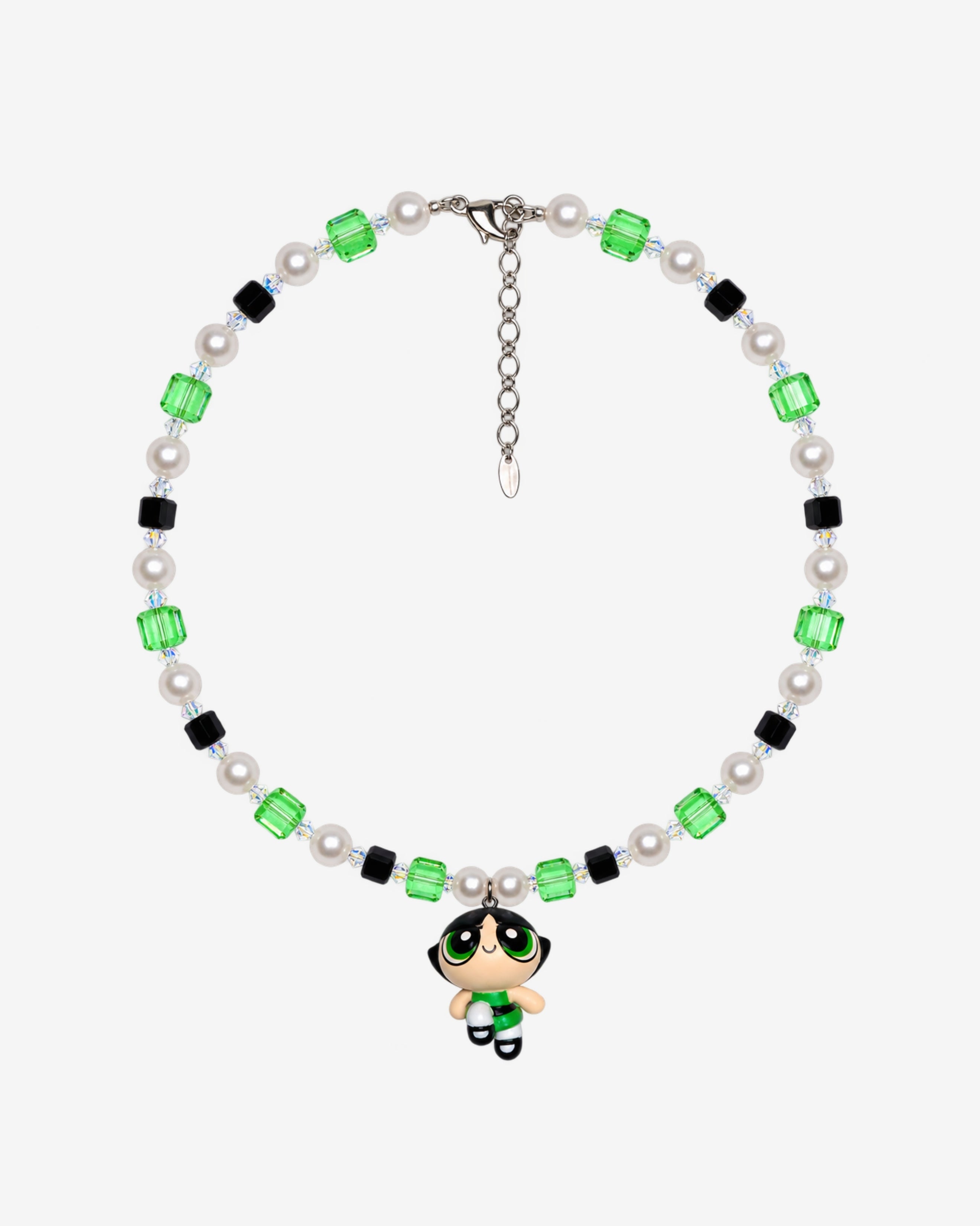 Necklace with green and black Swarovski crystals, white crystal pearls and a green-eyed girl charm wearing a green dress.