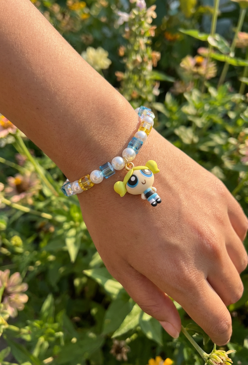 Model wearing a handmade blue Swarovski crystal charm bracelet with crystals, pearls and nostalgic vintage-inspired collectible charm details