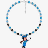 Close-up of a handmade blue Swarovski crystal charm necklace with crystals, pearls and sport-inspired collectible charm details