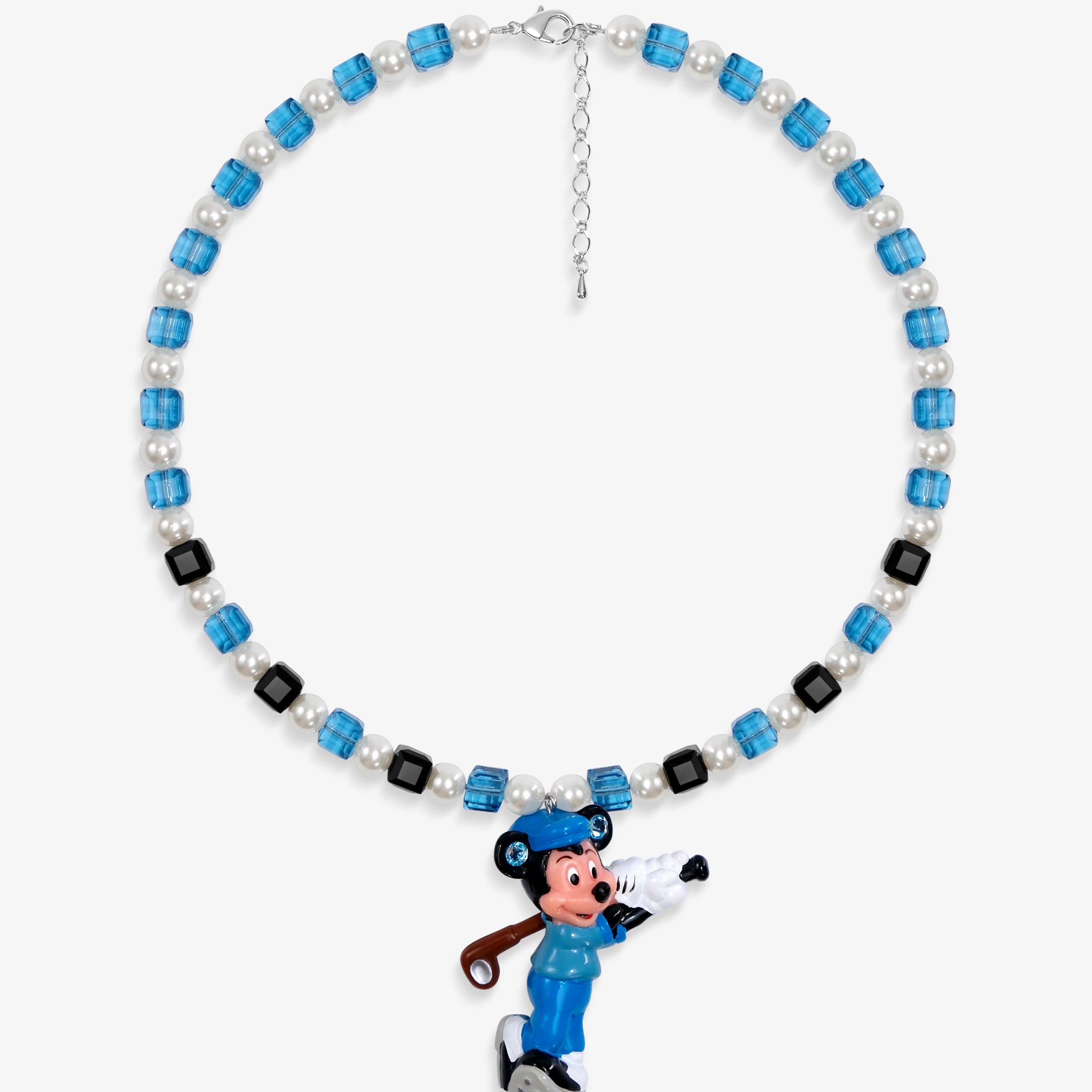 Close-up of a handmade blue Swarovski crystal charm necklace with crystals, pearls and sport-inspired collectible charm details