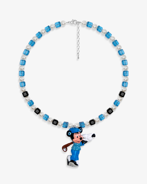 Close-up of a handmade blue Swarovski crystal charm necklace with crystals, pearls and sport-inspired collectible charm details