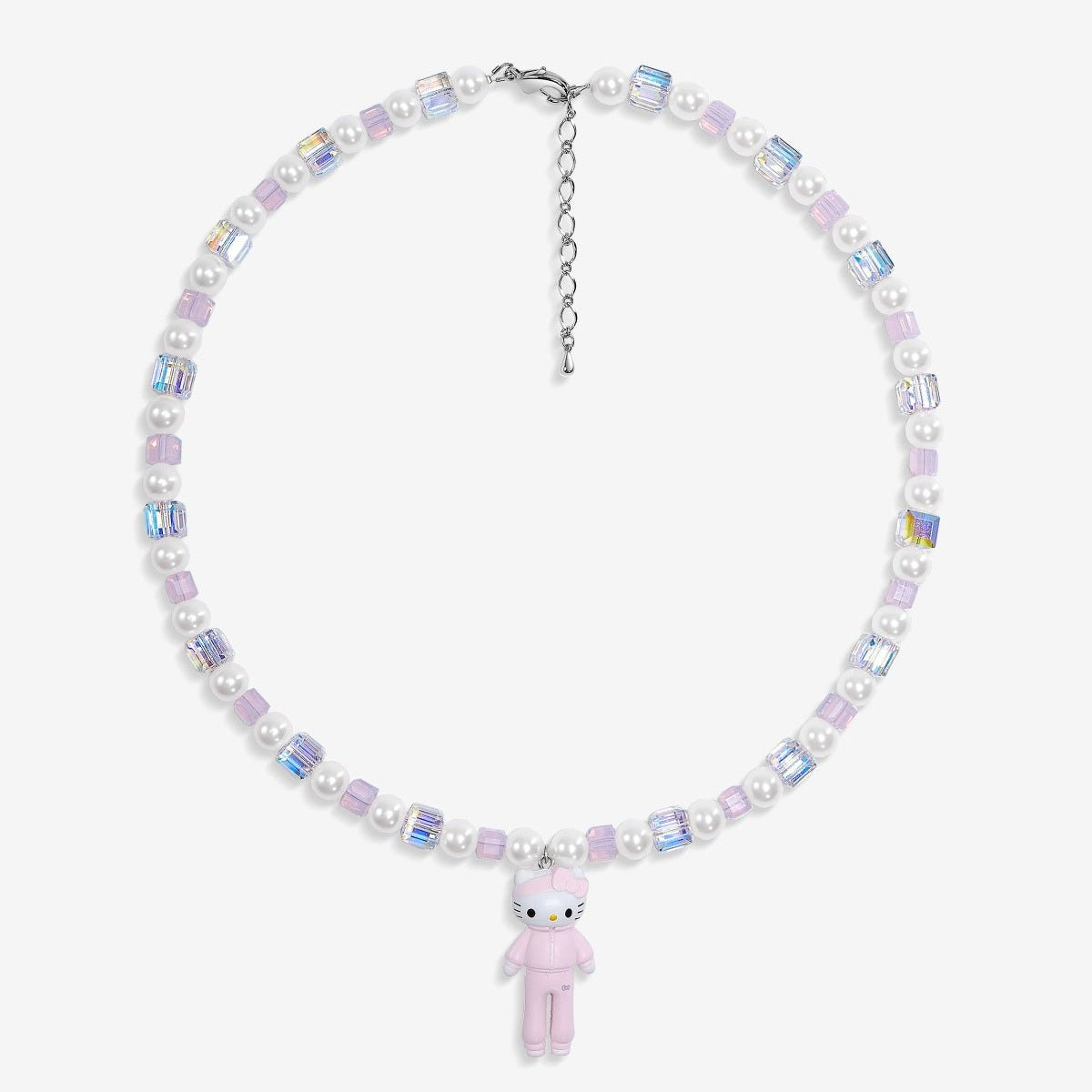 Close-up of a handmade iridescent Swarovski crystal charm necklace with crystals, pearls and sport-inspired collectible charm details