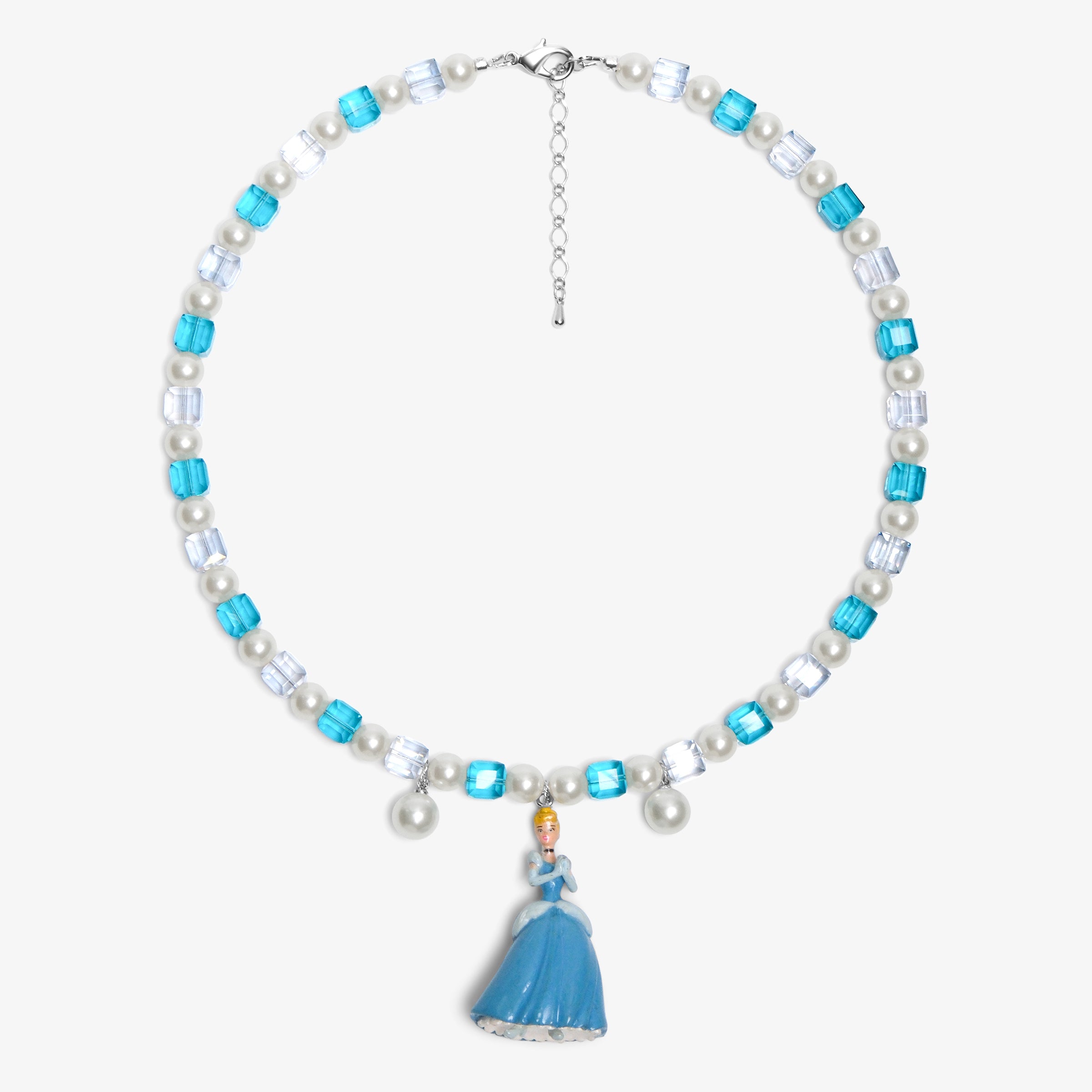 Close-up of a handmade midnight Swarovski crystal charm necklace with crystals, pearls and princess-inspired collectible charm details