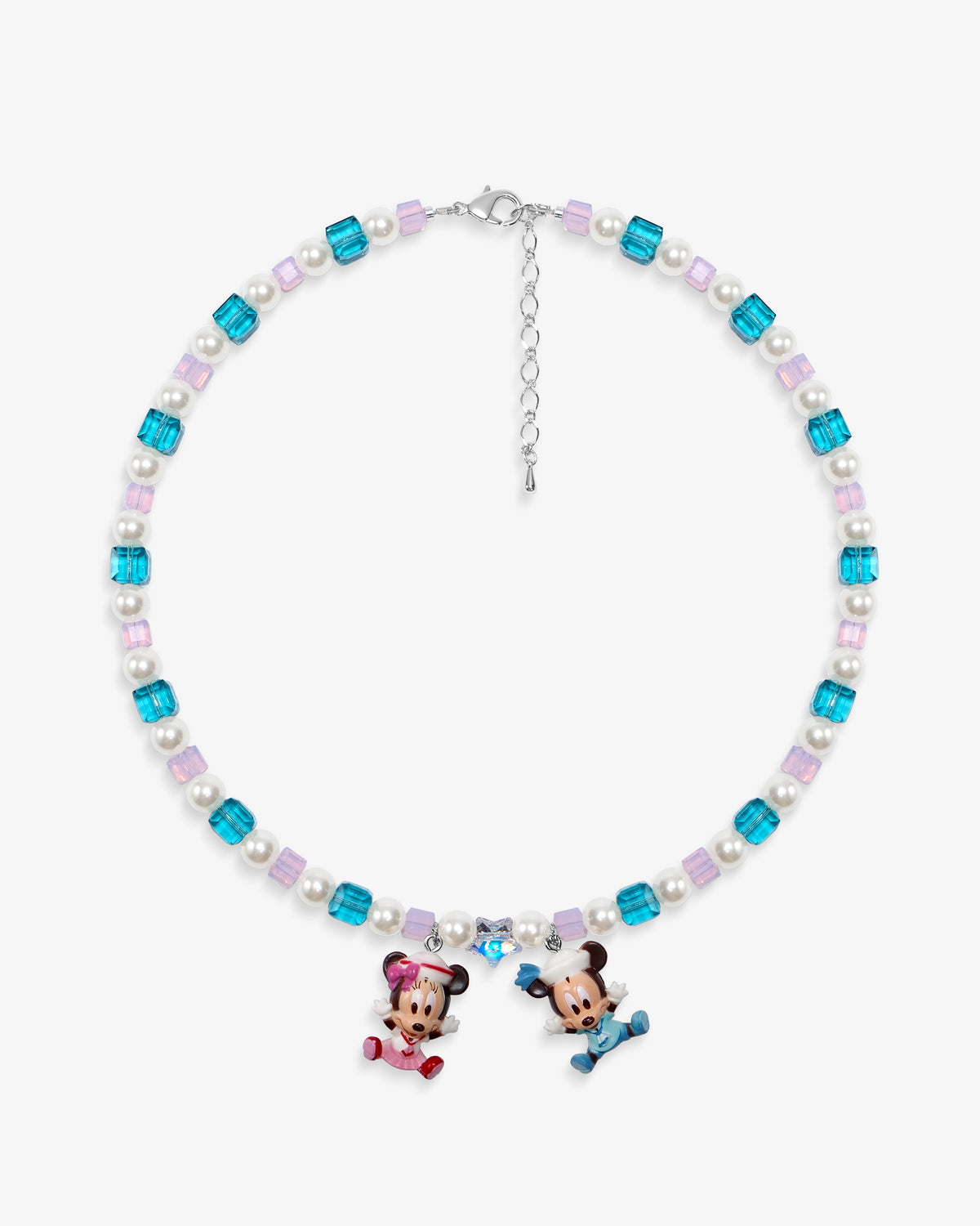 Close-up of a handmade pastel Swarovski crystal charm necklace with crystals, pearls and nostalgic vintage-inspired collectible charm details