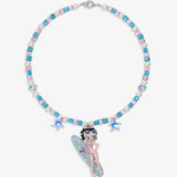 Close-up of a handmade pink Swarovski crystal charm necklace with crystals, pearls and surf-inspired collectible charm details
