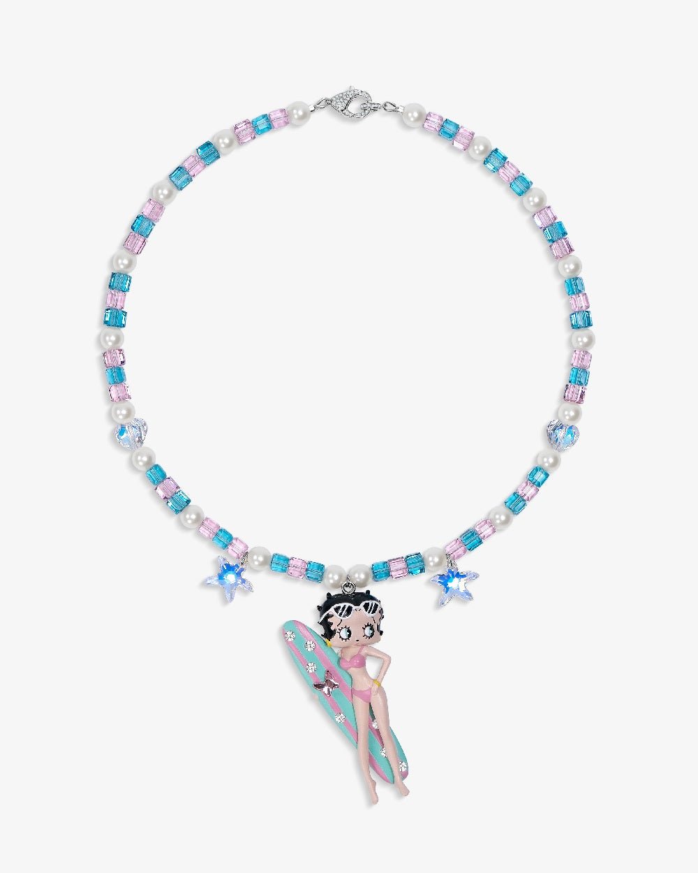 Close-up of a handmade pink Swarovski crystal charm necklace with crystals, pearls and surf-inspired collectible charm details