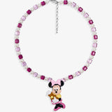 Close-up of a handmade pink Swarovski crystal charm necklace with crystals, pearls and sweetheart-inspired collectible charm details