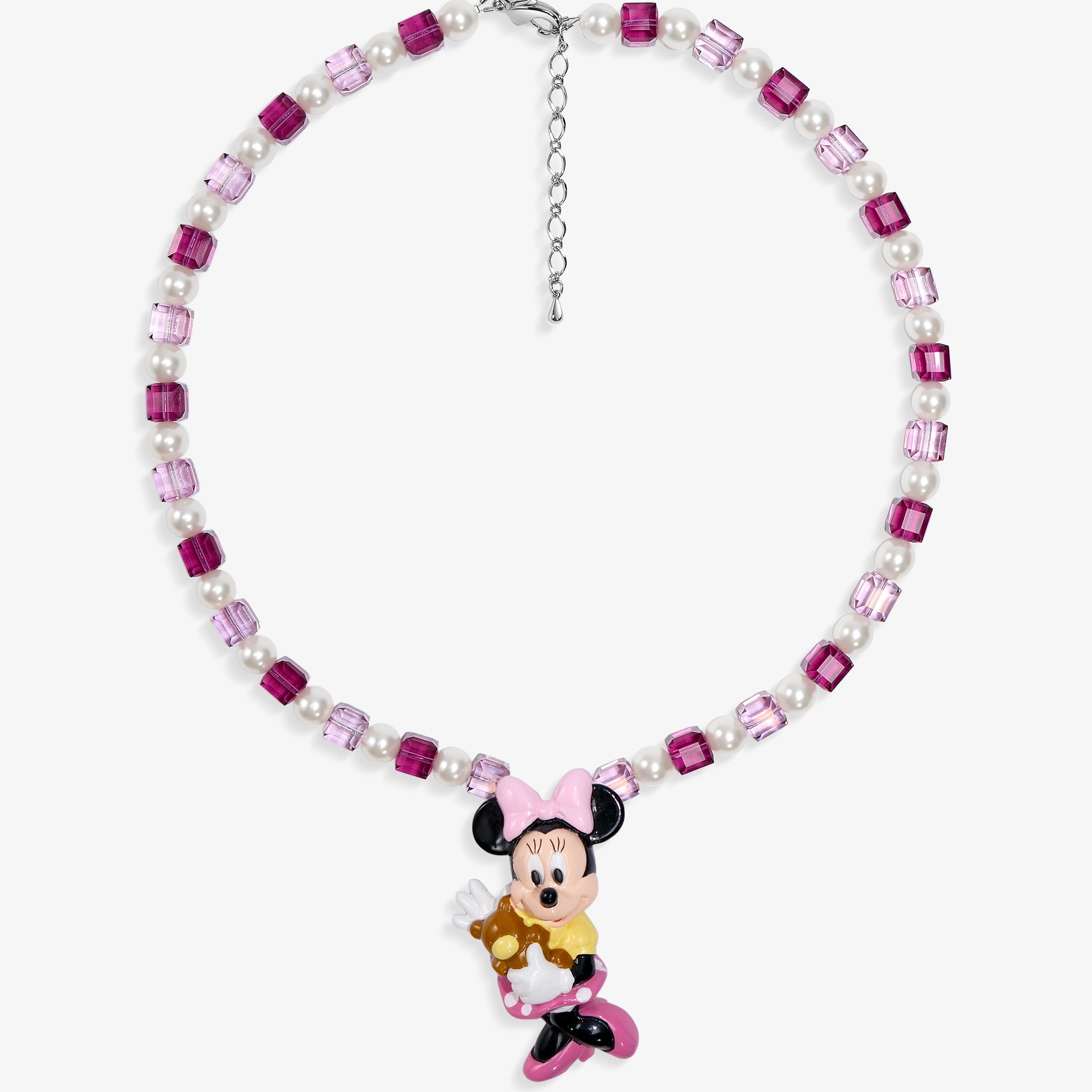 Close-up of a handmade pink Swarovski crystal charm necklace with crystals, pearls and sweetheart-inspired collectible charm details