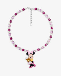 Close-up of a handmade pink Swarovski crystal charm necklace with crystals, pearls and sweetheart-inspired collectible charm details