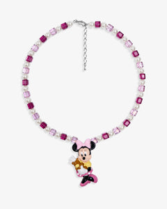 Close-up of a handmade pink Swarovski crystal charm necklace with crystals, pearls and sweetheart-inspired collectible charm details