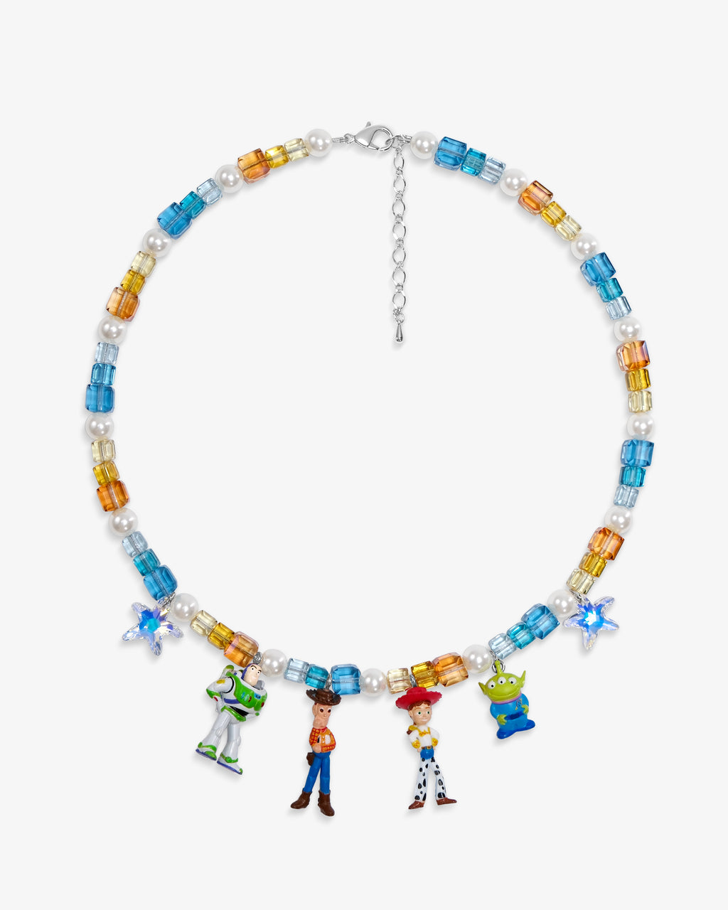 Flat lay of a handmade Swarovski crystal charm necklace with crystals, pearls and rainbow-inspired collectible charm details