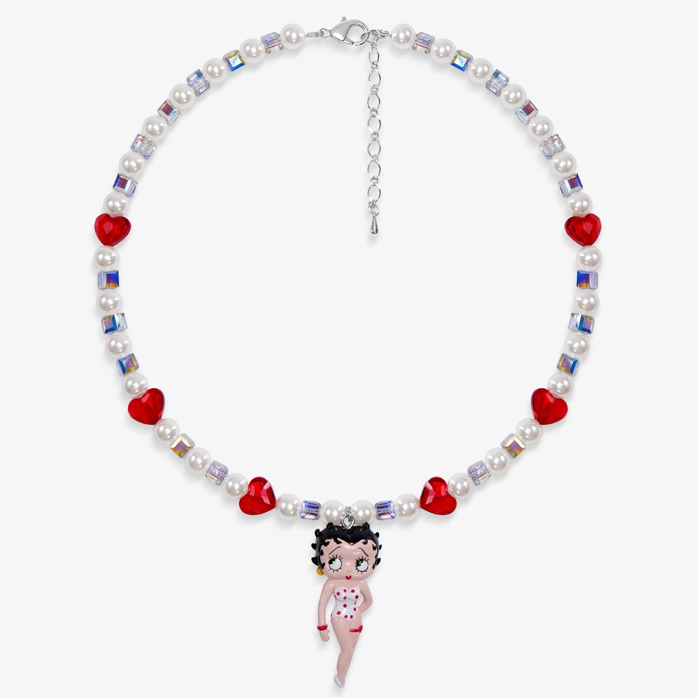 Close-up of a handmade red Swarovski crystal charm necklace with crystals, pearls and retro-inspired collectible charm details