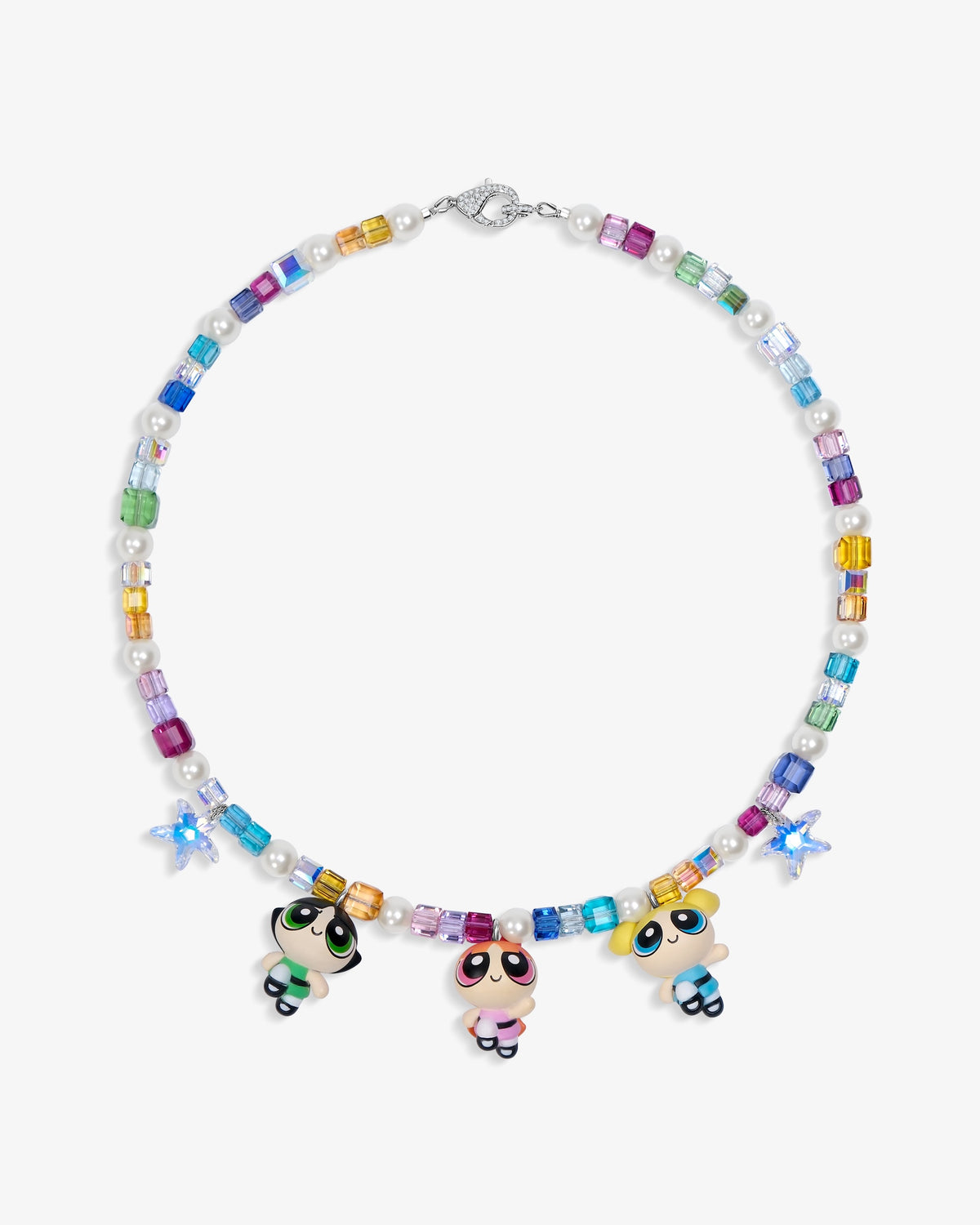 Flat lay of a handmade Swarovski crystal charm necklace with crystals, pearls and nostalgic vintage-inspired collectible charm details