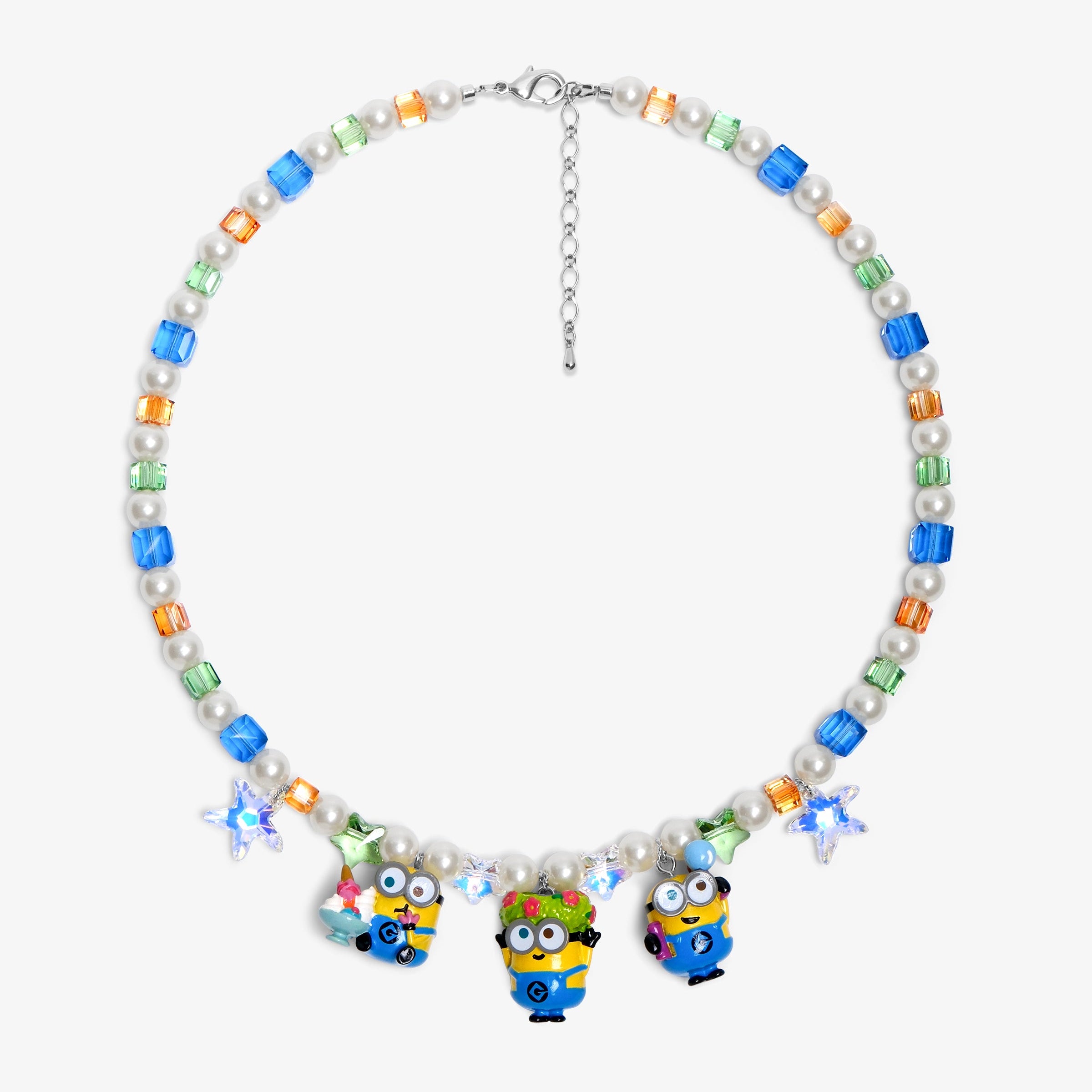Close-up of a handmade Swarovski crystal charm necklace with crystals, pearls and garden-inspired collectible charm details
