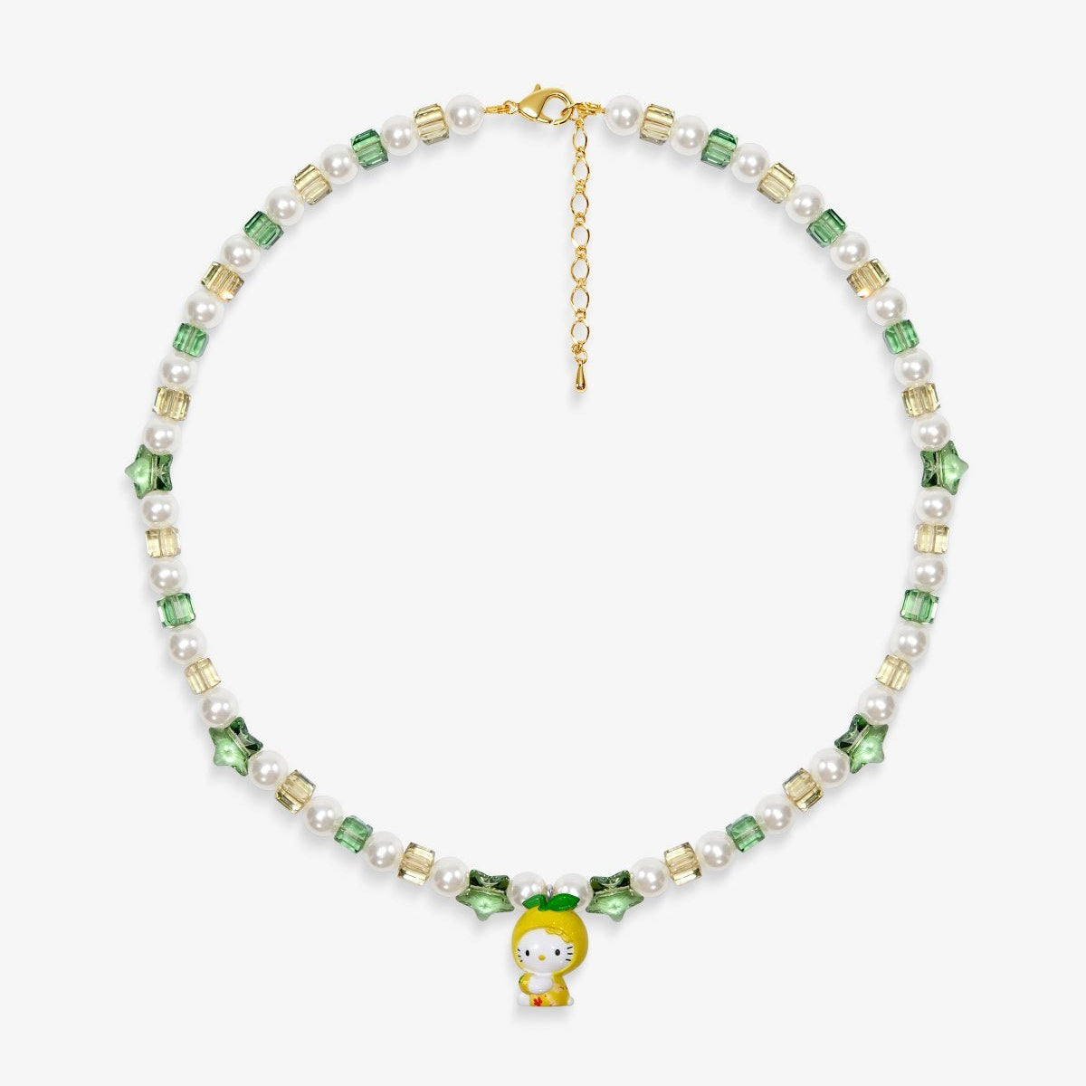 Close-up of a handmade Swarovski crystal charm necklace with crystals, pearls and garden-inspired collectible charm details