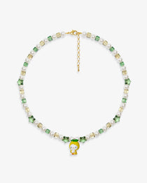 Close-up of a handmade Swarovski crystal charm necklace with crystals, pearls and garden-inspired collectible charm details