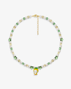 Close-up of a handmade Swarovski crystal charm necklace with crystals, pearls and garden-inspired collectible charm details
