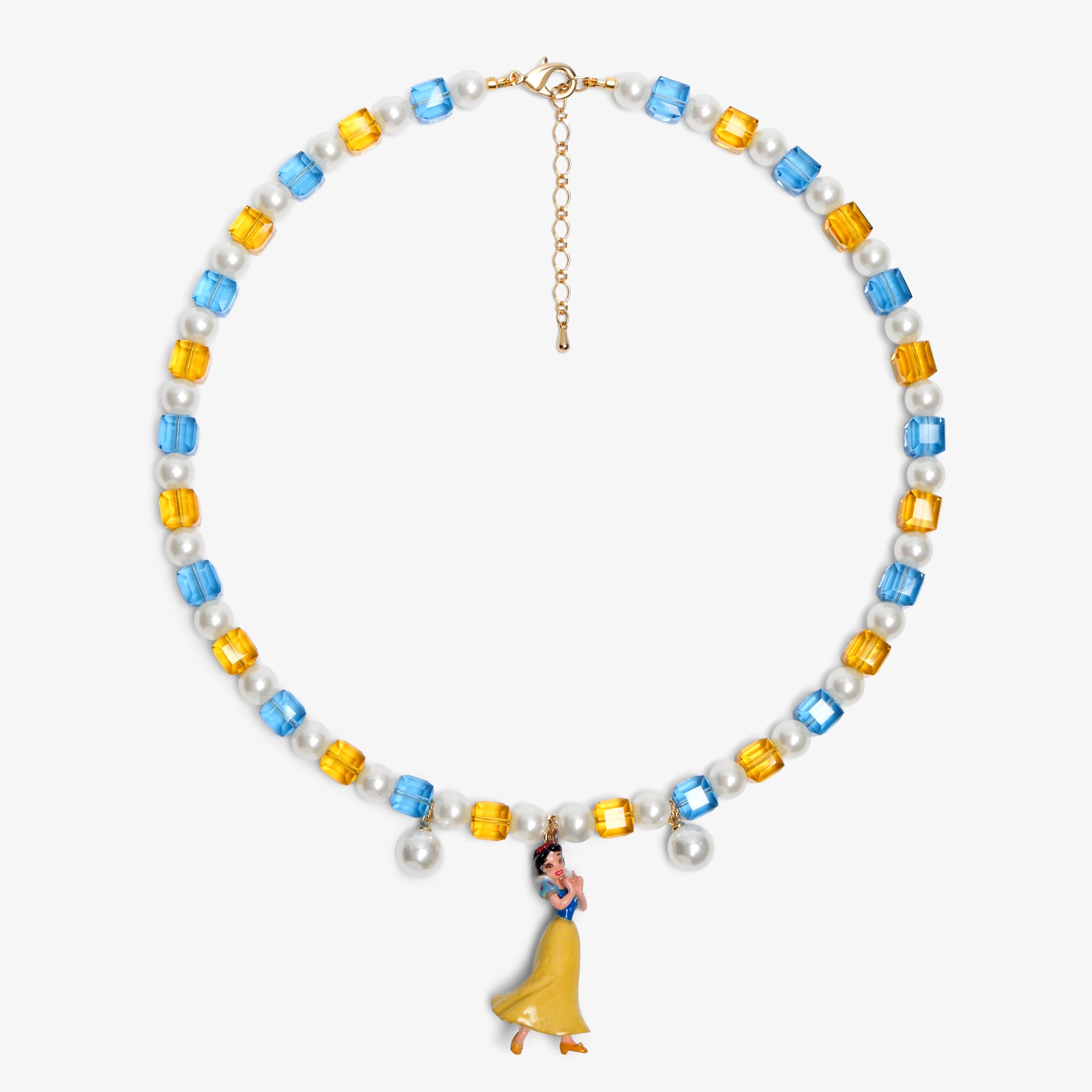 Close-up of a handmade Swarovski crystal charm necklace with crystals, pearls and princess-inspired collectible charm details