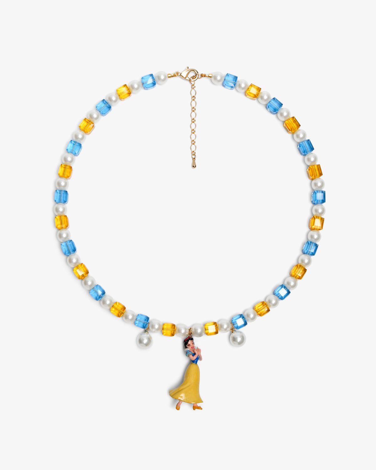 Close-up of a handmade Swarovski crystal charm necklace with crystals, pearls and princess-inspired collectible charm details