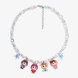 Close-up of a handmade Swarovski crystal charm necklace with crystals, pearls and retro-inspired collectible charm details