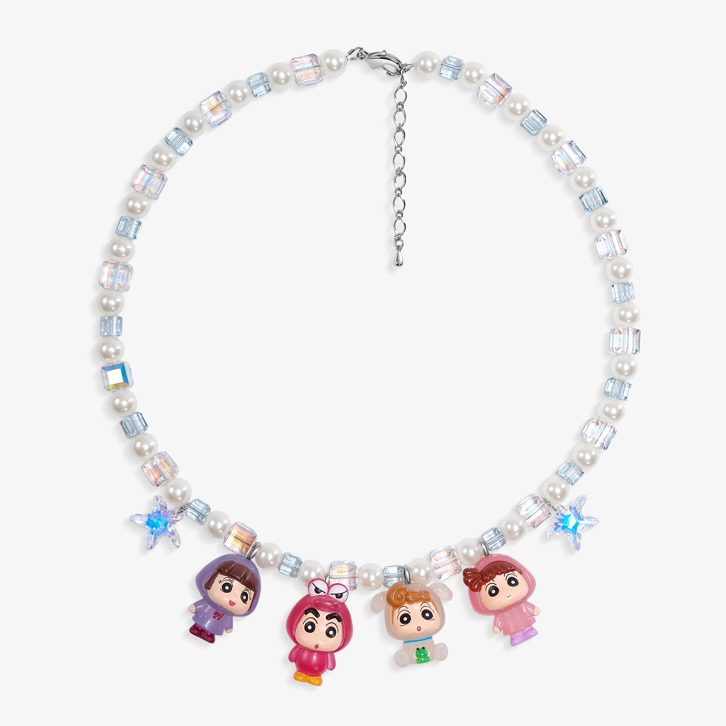 Close-up of a handmade Swarovski crystal charm necklace with crystals, pearls and retro-inspired collectible charm details