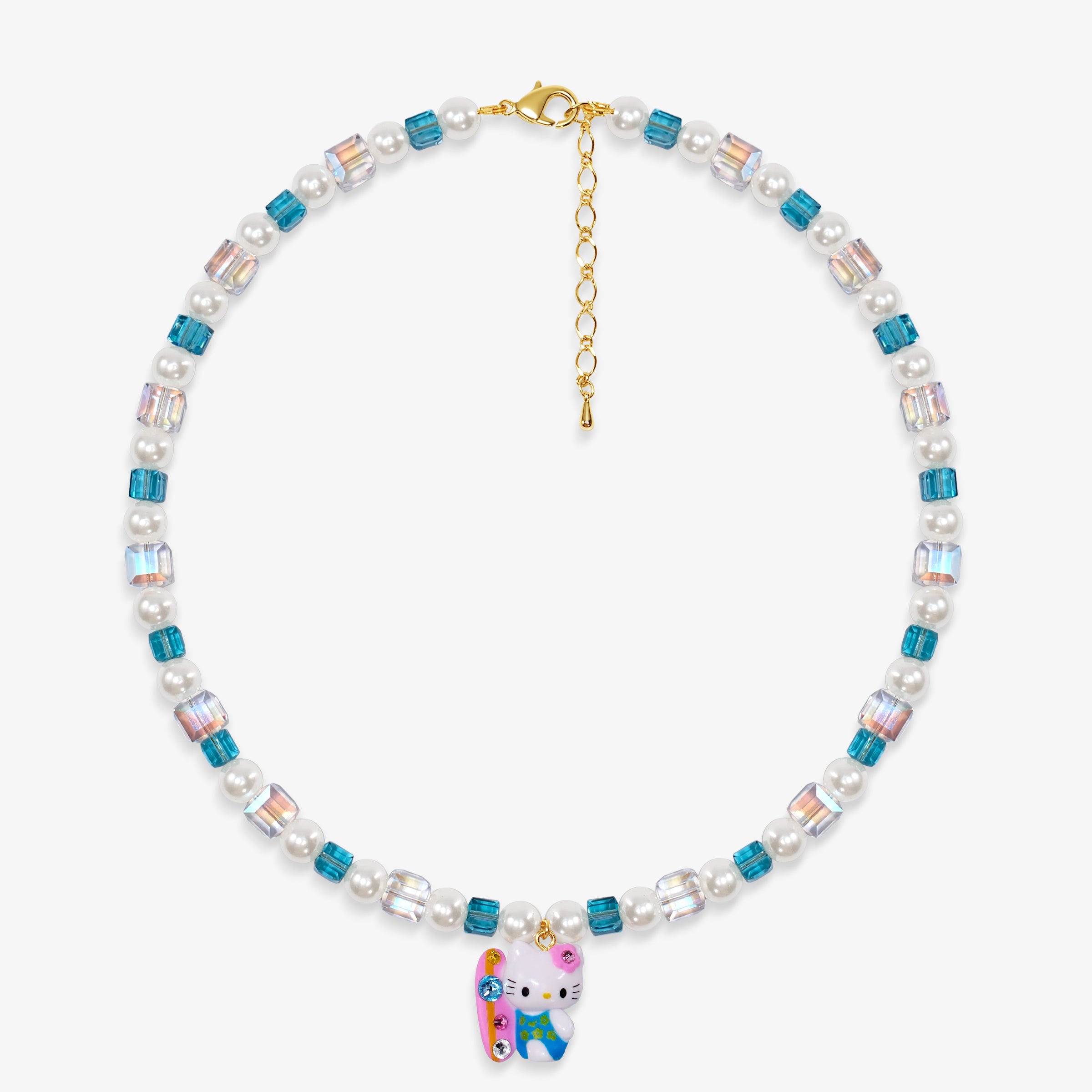 Close-up of a handmade Swarovski crystal charm necklace with crystals, pearls and surf-inspired collectible charm details