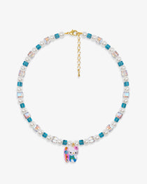 Close-up of a handmade Swarovski crystal charm necklace with crystals, pearls and surf-inspired collectible charm details