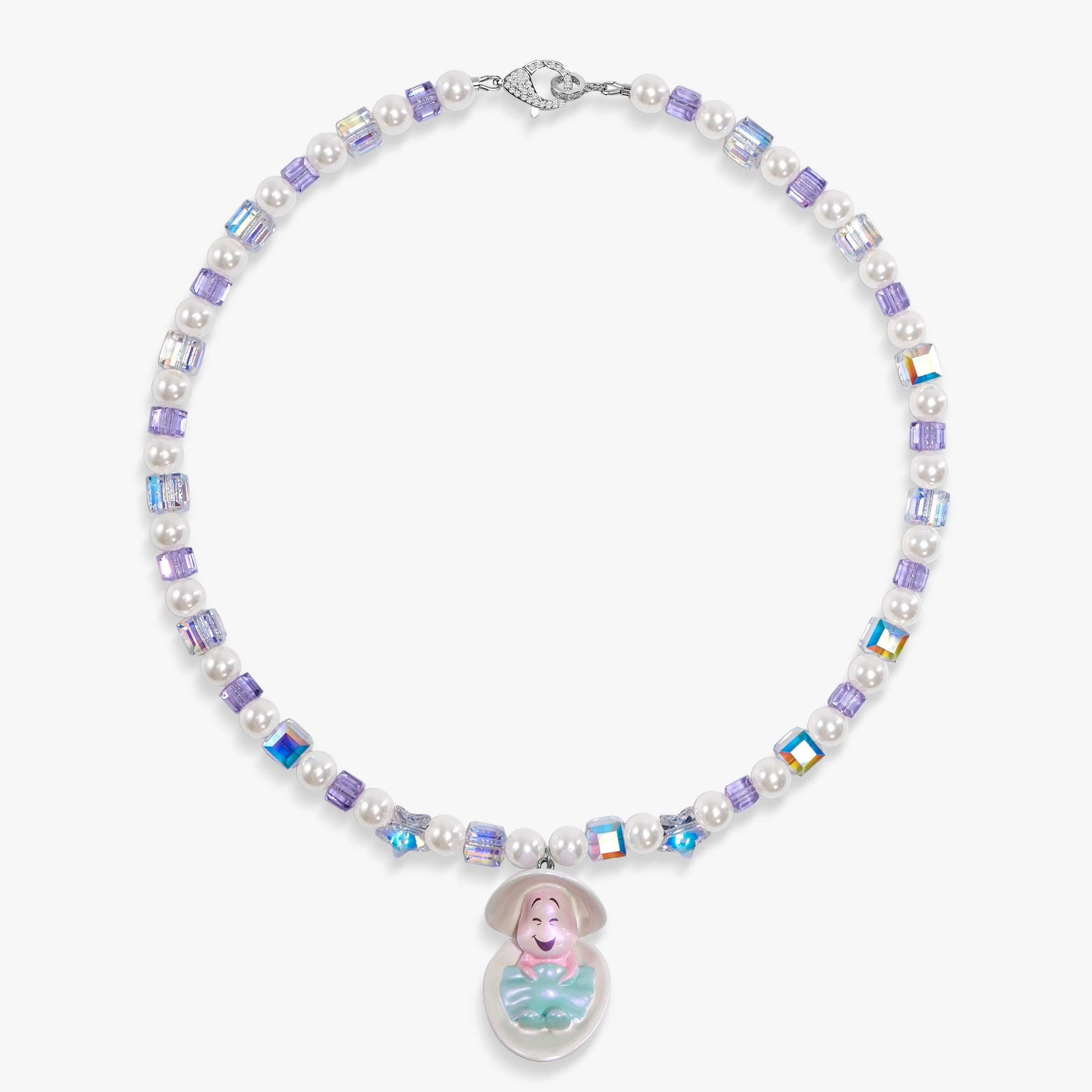 Close-up of a handmade Swarovski crystal charm necklace with crystals, pearls and surf-inspired collectible charm details