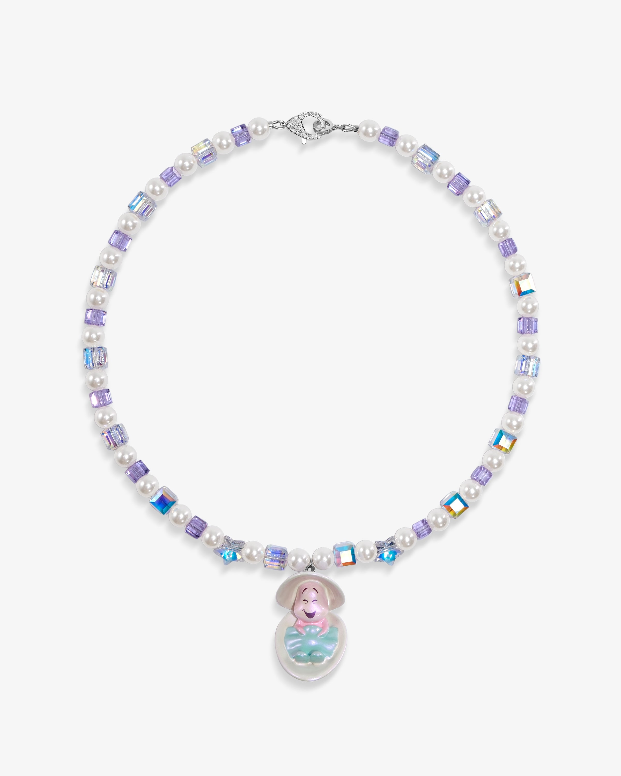 Close-up of a handmade Swarovski crystal charm necklace with crystals, pearls and surf-inspired collectible charm details