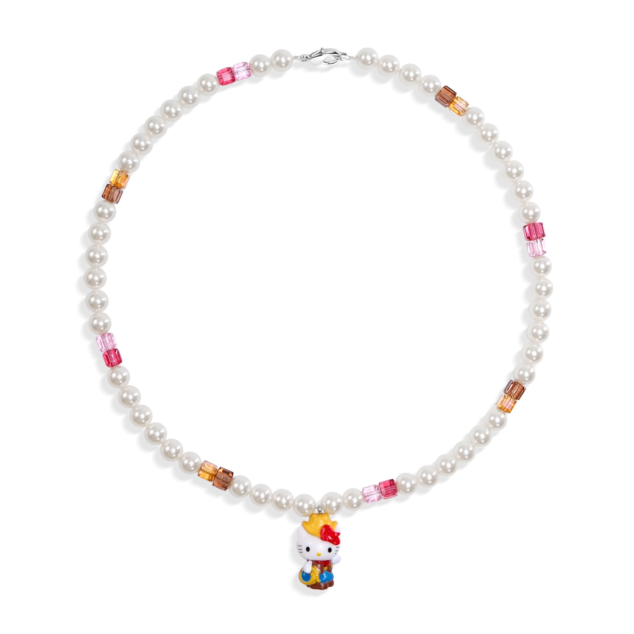 Close-up of a handmade Swarovski crystal charm necklace with crystals, pearls and western-inspired collectible charm details