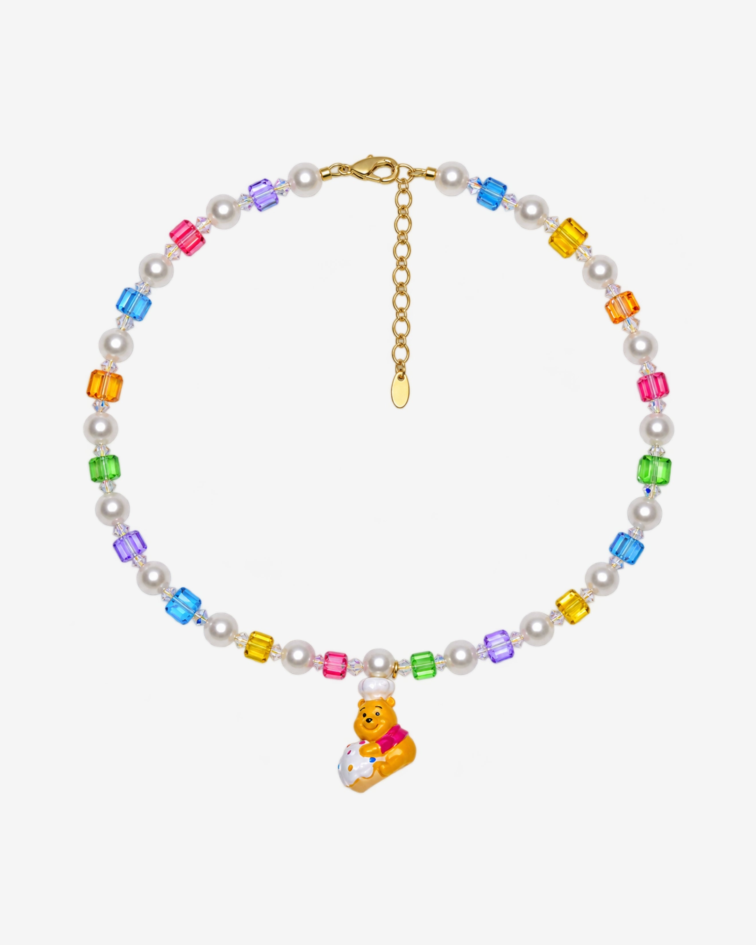 Rainbow Swarovski crystal cube and white crystal pearl necklace with a yellow bear charm wearing a white chef hat.