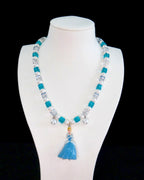 Blue crystal charm necklace with Swarovski pearls - handmade beaded jewelry by ShinoraStudio