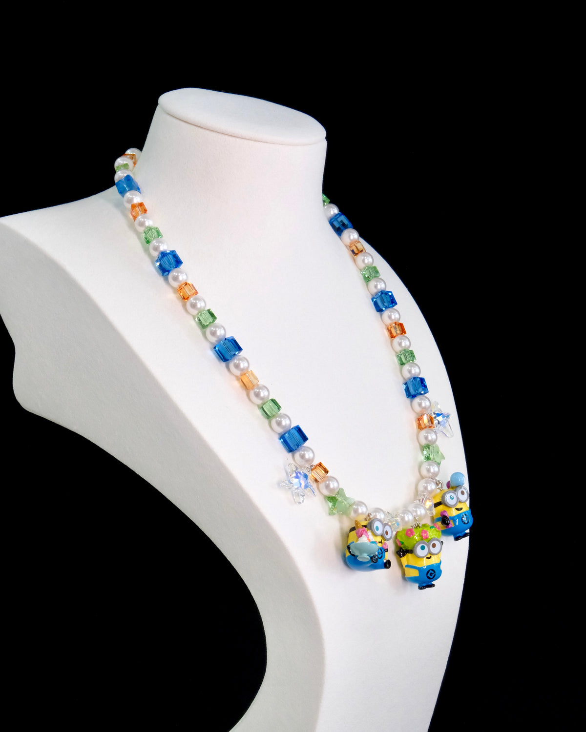 Three vintage charm pendants on handmade Swarovski crystal and pearl necklace - unique gift for her