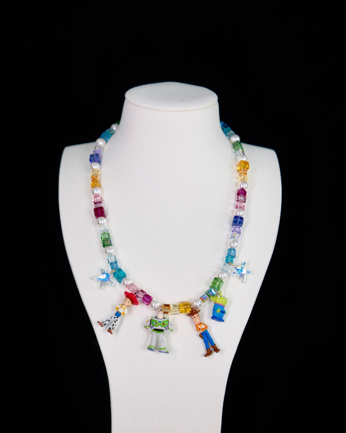 Rainbow crystal charm necklace with Swarovski pearls and four vintage charms - handmade beaded jewelry