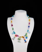 Rainbow crystal charm necklace with Swarovski pearls and four vintage charms - handmade beaded jewelry