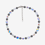 Necklace with alternating dark gray Swarovski crystal pearls and iridescent crystal cubes, clear spacers and no pendant.