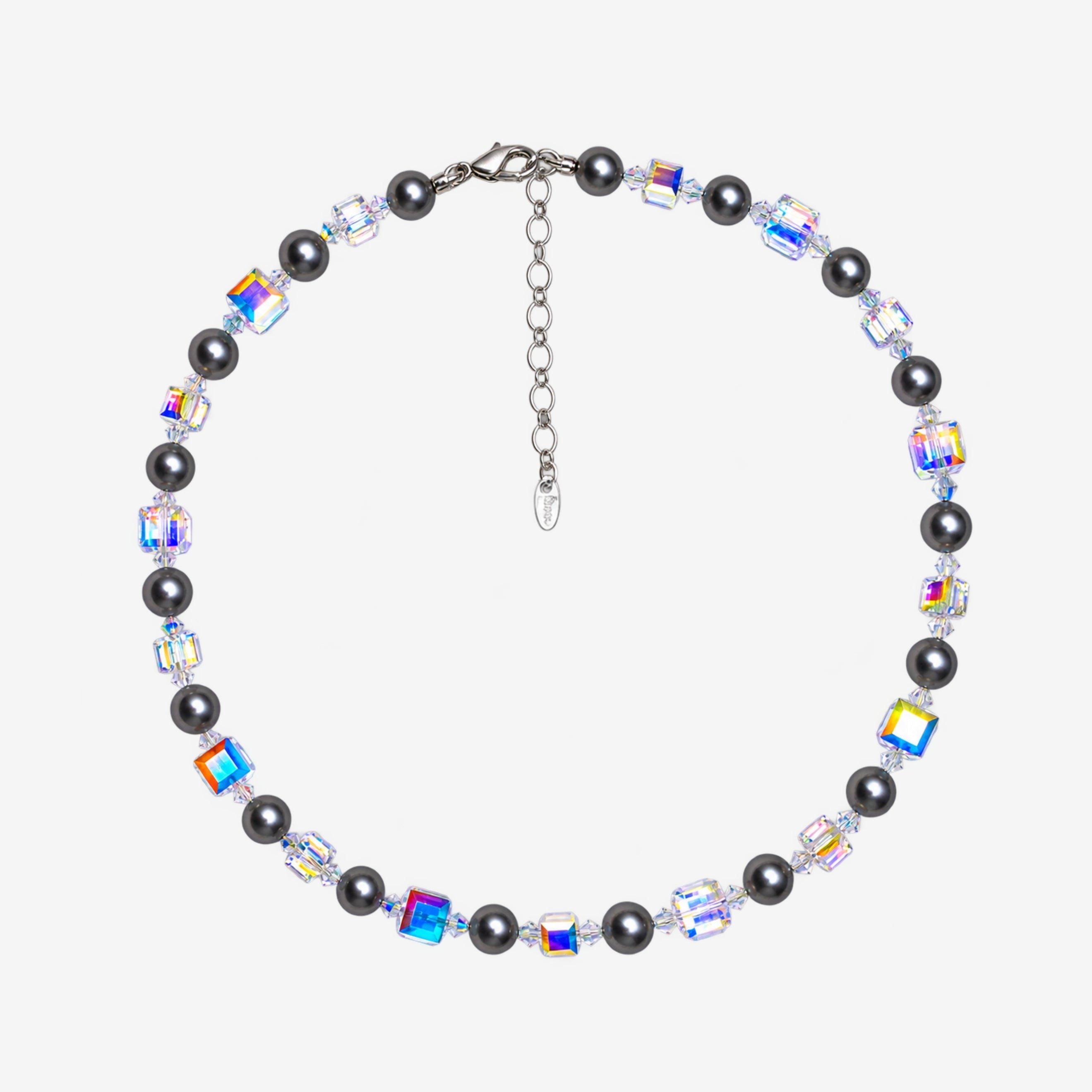 Necklace with alternating dark gray Swarovski crystal pearls and iridescent crystal cubes, clear spacers and no pendant.