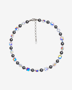 Necklace with alternating dark gray Swarovski crystal pearls and iridescent crystal cubes, clear spacers and no pendant.