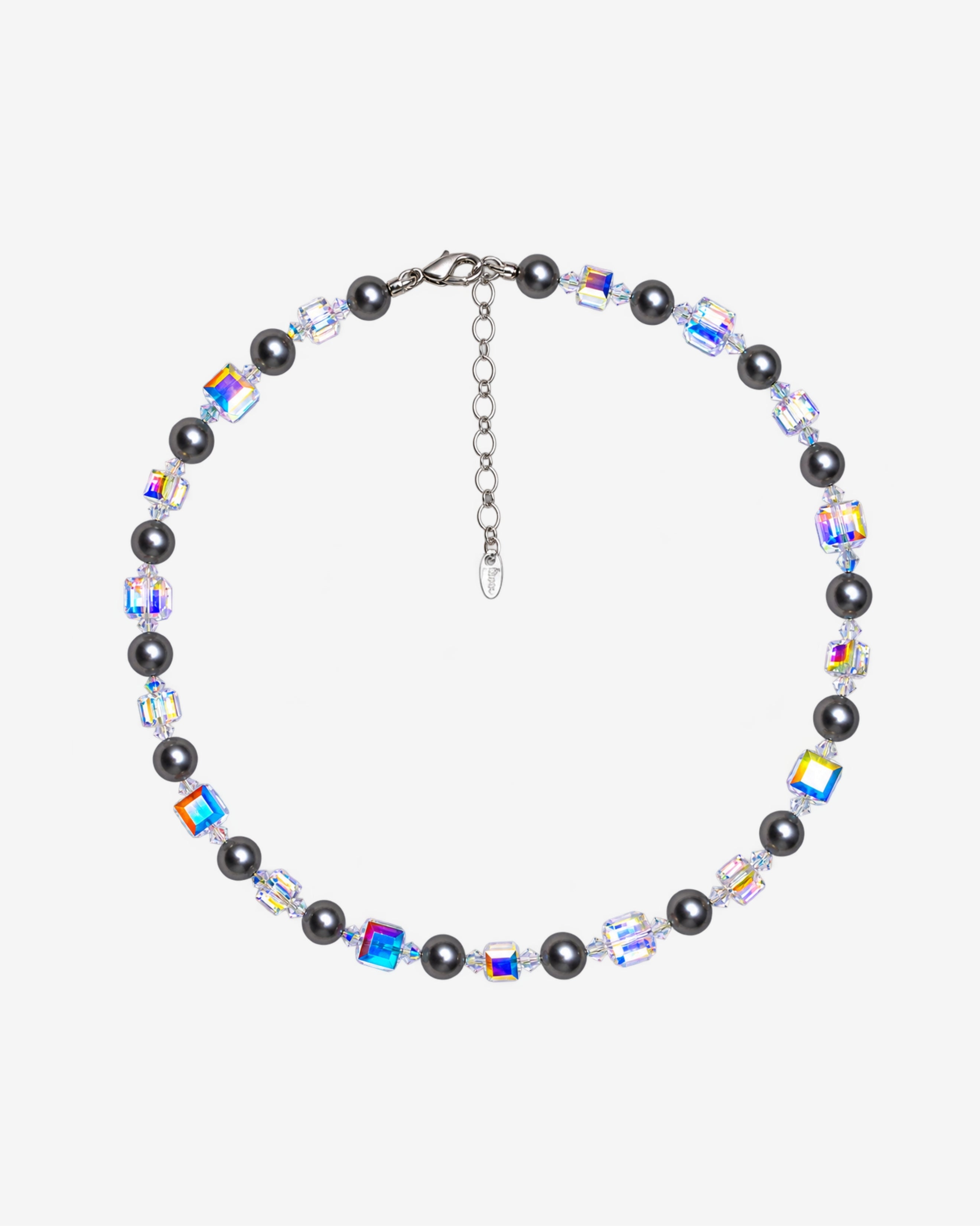 Necklace with alternating dark gray Swarovski crystal pearls and iridescent crystal cubes, clear spacers and no pendant.