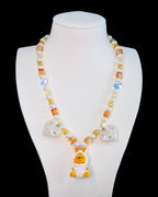 Amber crystal charm necklace with Swarovski pearl hearts - handmade beaded jewelry by ShinoraStudio
