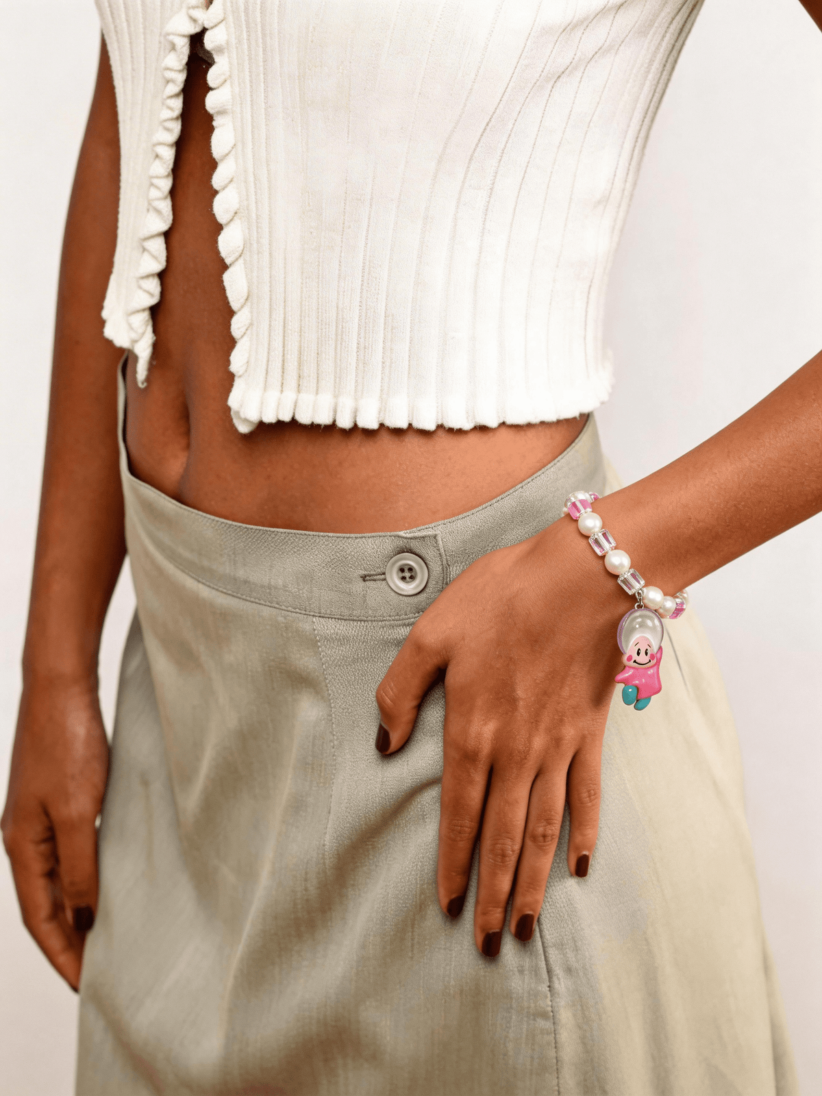 Model wearing Pearl Baby vintage charm Swarovski bracelet - handmade beaded jewelry by ShinoraStudio
