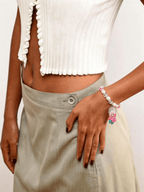 Model wearing Pearl Baby vintage charm Swarovski bracelet - handmade beaded jewelry by ShinoraStudio