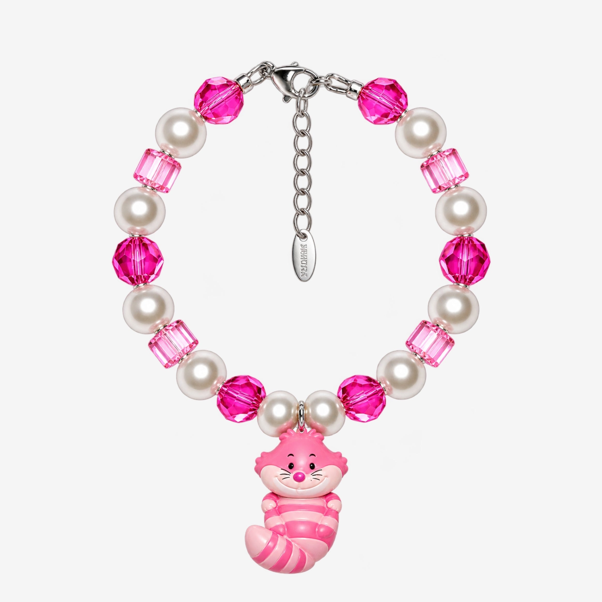 Pink Grin Cat Charm Bracelet with pink faceted round and cube beads, cream pearl-style beads and a smiling striped cat charm.