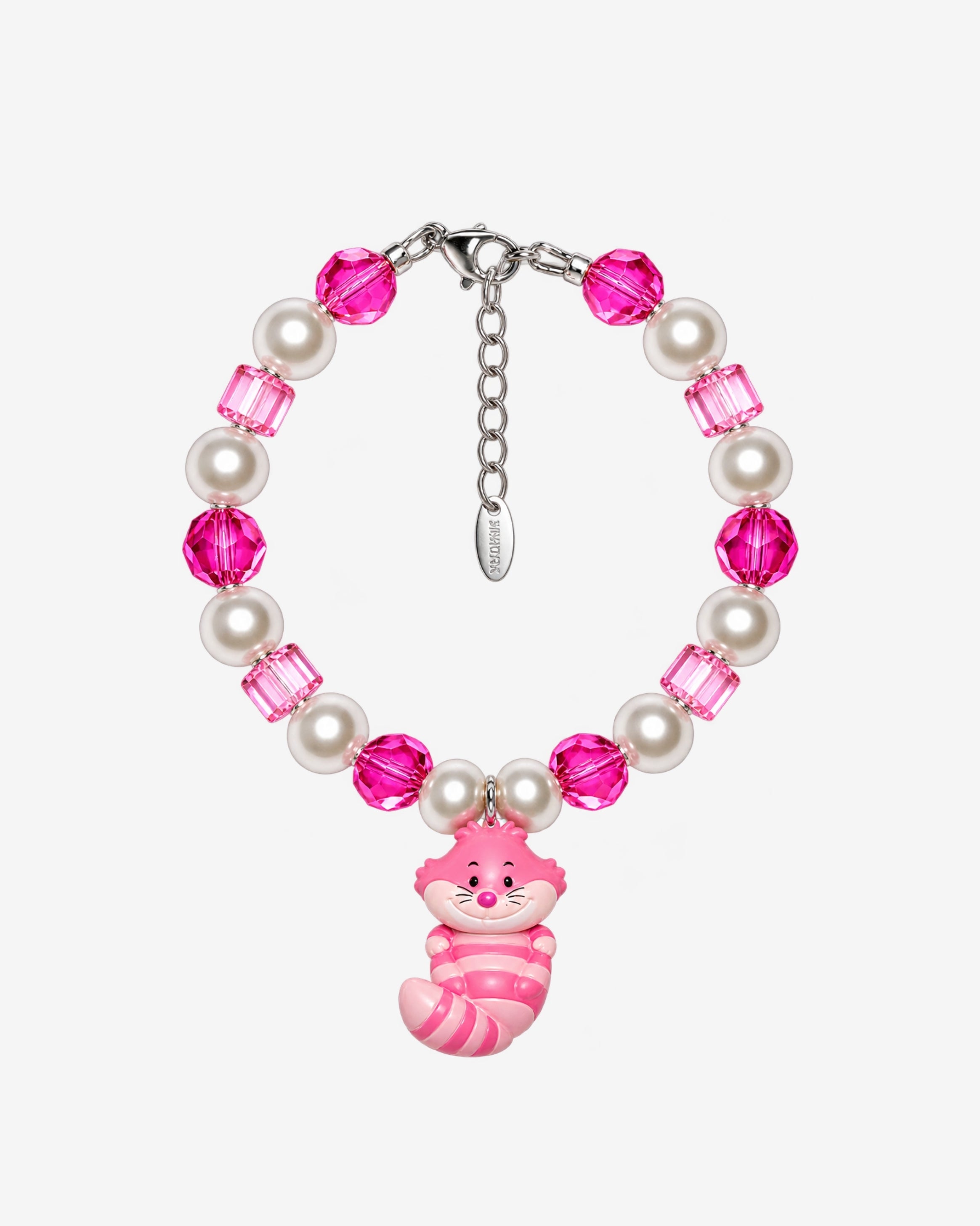 Pink Grin Cat Charm Bracelet with pink faceted round and cube beads, cream pearl-style beads and a smiling striped cat charm.