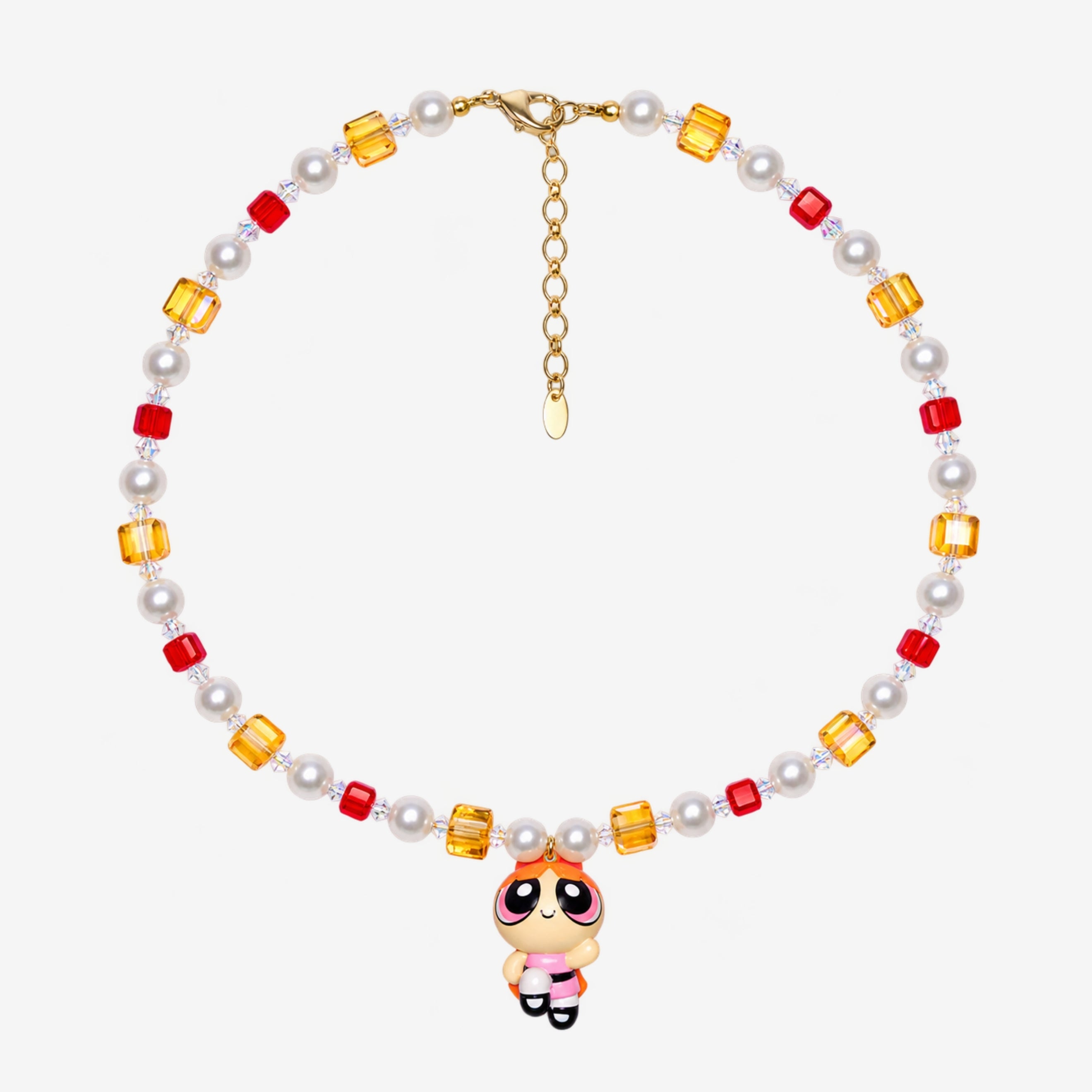Necklace with red and amber Swarovski crystals, white crystal pearls and an orange-haired girl charm wearing a red bow and pink dress.