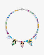 Coquette Y2K multi-charm Swarovski necklace with three vintage Powerpuff Girls pendants - pastel rainbow
