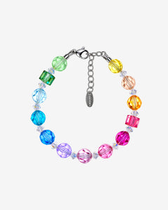 Bracelet with rainbow Swarovski crystal rounds, green and pink cubes, clear spacers and a silver-tone clasp.