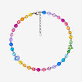 Necklace with rainbow Swarovski crystal rounds and cubes, an iridescent heart on one side and a green star on the other.