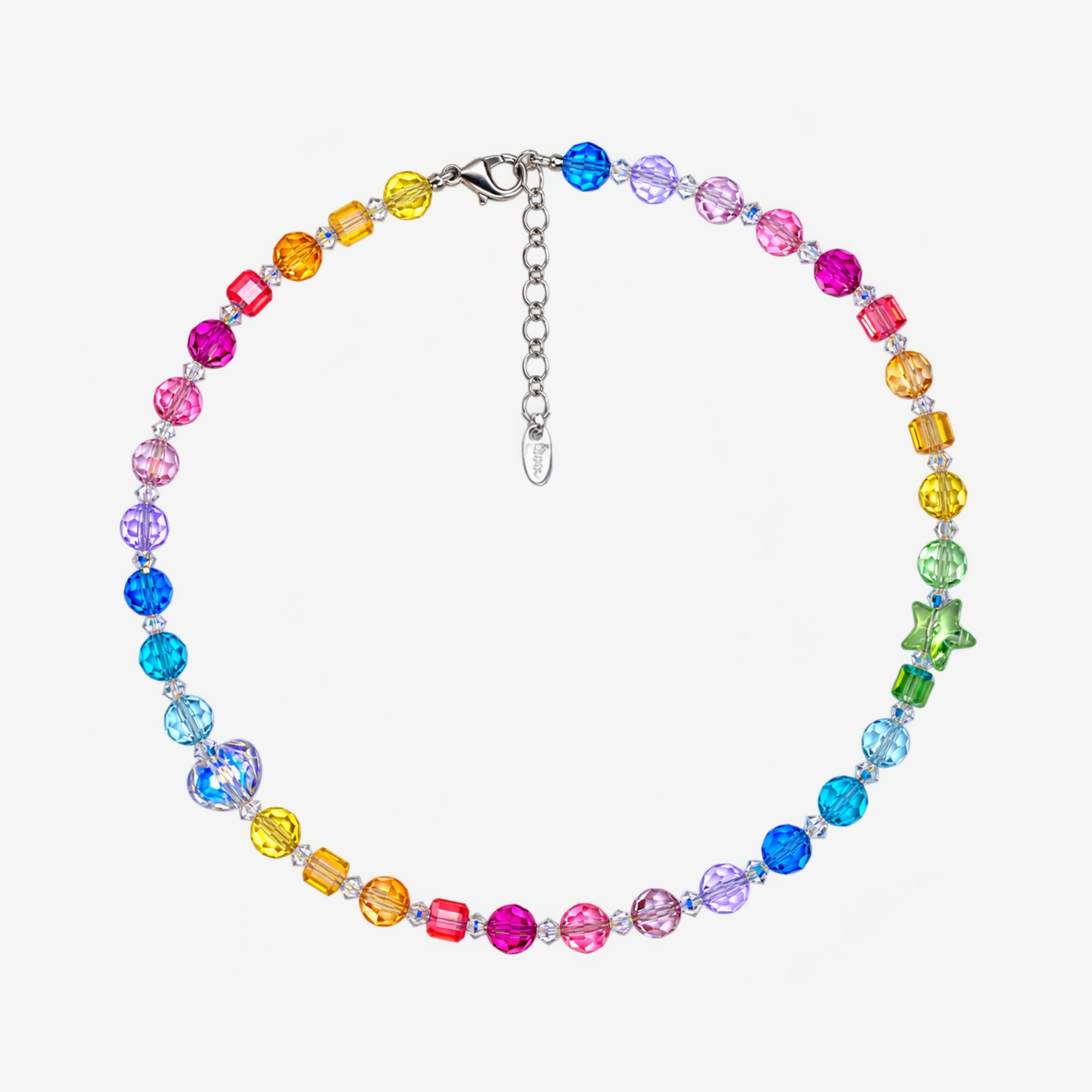 Necklace with rainbow Swarovski crystal rounds and cubes, an iridescent heart on one side and a green star on the other.